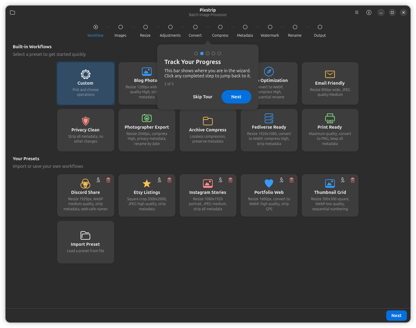 Pixstrip workflow screen